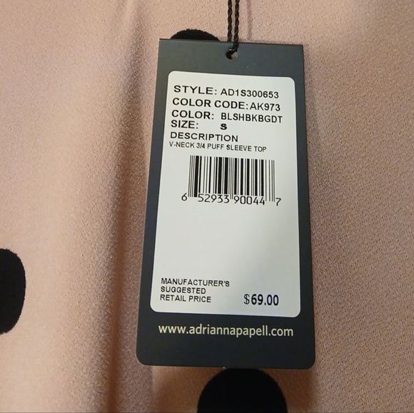 Adrianna Papell - NWT, Pink Blouse W/ Black Poke dots, 3/4 Puff Sleeves, V-Neck, - Picture 8 of 12